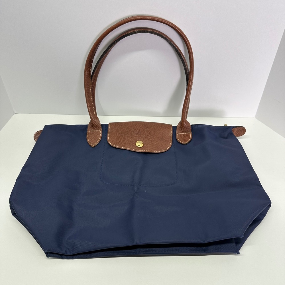 Longchamp Le Pliage Tote Original Large Navy Blue Nylon Leather Trim